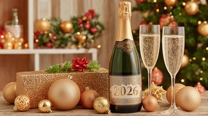 Bottle and two glasses of champagne labeled “2026” surrounded by elegant gold trim and a shimmering gift box with a red bow. The scene depicts a festive New Year's celebration.