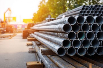 Steel Pipes Stacked in Industrial Yard at Sunset with Warm Glow