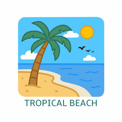 Obraz premium Tropical beach with a leaning palm tree, clear blue sea, sunny sky, and flying birds. Perfect for summer travel, vacation themes, or beach tourism content.