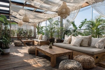 Stylish Indoor Terrace with Bohemian Decor and Abundant Greenery