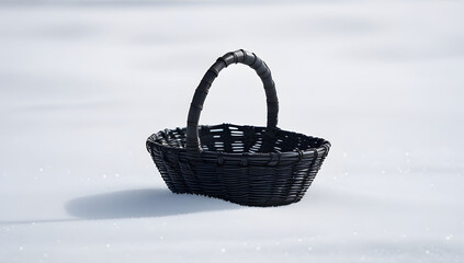 Black silhouette of a traditional handwoven basket with curved handle, centered on a pure white background, evoking rustic charm, simplicity, and artisanal nostalgia with elegant minimal contrast