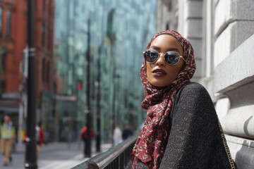 Stylish Young Woman with Sunglasses and Scarf in Urban Setting