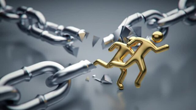 Golden figure breaking a silver chain with pieces flying on a blurred background