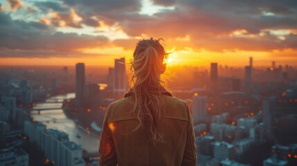 Woman gazes at skyline as sun sets, city lights glimmer below