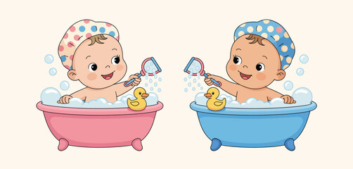 Two happy babies in bathtubs with rubber ducks and bath toys playing with bubbles