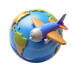 3d airplane flying around the globe isolated on transparent background