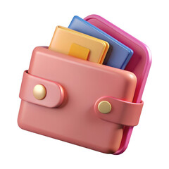 3d rendered pink wallet with colorful cards isolated on transparent background