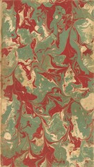 Antique Book Endpaper Marbled With Muted Green Red And Brown Colors