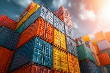 Fototapeta premium Colorful Cargo Containers Stacked in Industrial Shipping Yard