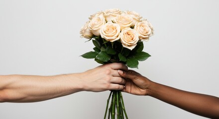 Hands of a Caucasian man passing a bouquet of flowers to an Afro woman.
