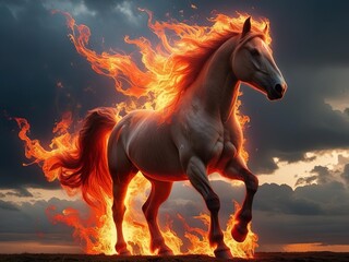 A fiery horse running through dramatic clouds, symbolizing power, energy, and transformation. A unique digital artwork representing strength and renewal, perfect for creative and New Year 2026 themes