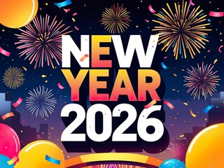 Banner New Year 2026, text on the background of a night city with fireworks and balloons