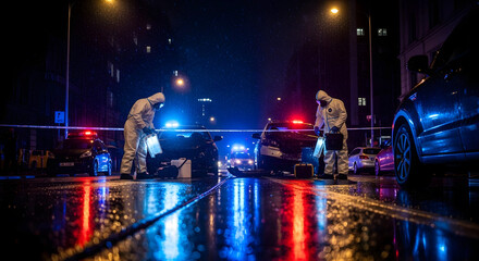 Crime Scene Investigation on City Street at Night