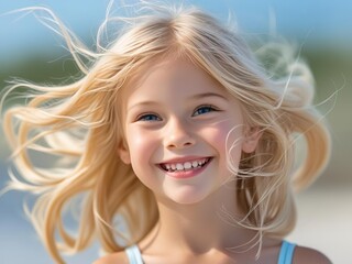 Lively face of happy smiling blonde girl, long hair fluttering in the wind