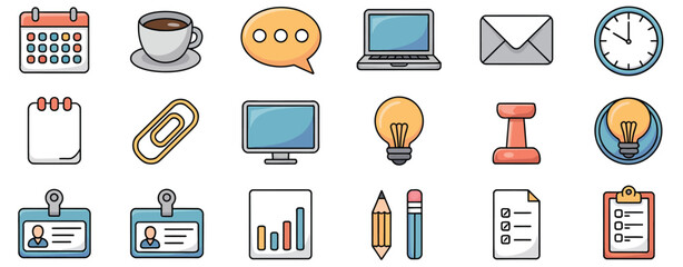 Collection of colorful flat design office and business icons on white background