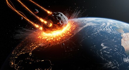 Asteroid Impacting Earth: A Catastrophic Cosmic Collision Depicting Fiery Destruction and Planetary Devastation
