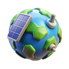 3d cartoon earth with solar panel and switch isolated on transparent background