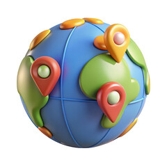 3d globe with location pins isolated on transparent background