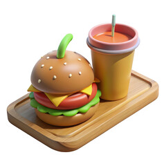 3d cartoon burger and drink meal isolated on transparent background