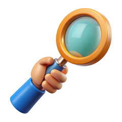 Cartoon hand holding magnifying glass with orange rim isolated on transparent background