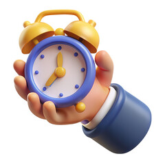 Stylized cartoon hand holding a blue and yellow alarm clock isolated on transparent background