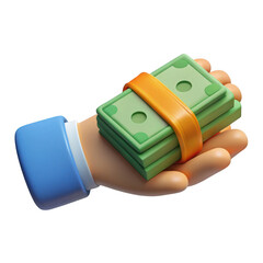 Stylized cartoon hand holding a stack of cash isolated on transparent background