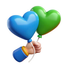 3d hand holding blue and green heart balloons isolated on transparent background