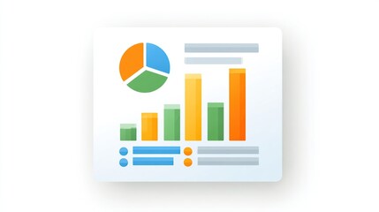 A simplified infographic displays a pie chart, bar graphs, and data points, all in pastel colors, suggesting growth and data analysis within a clean, modern presentation