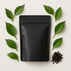 Flat lay of matte black stand-up pouch surrounded by green leaves and peppercorns on neutral background, perfect for eco packaging, organic food branding, and herbal product design

