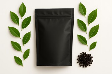 Flat lay of matte black stand-up pouch surrounded by green leaves and peppercorns on neutral background, perfect for eco packaging, organic food branding, and herbal product design

