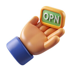 3d hand holding open sign isolated on transparent background