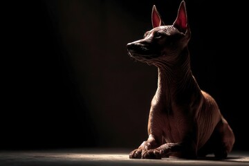 A hairless dog sits in a dramatic spotlight against a dark background facing left