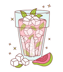 Pink Guava tropical Drink with Ice and Mint leaves. Summer Fruit Refreshing Cocktail with straw and slices. Vector Illustration. Not ai