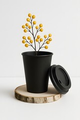 Creative composition of a black takeaway coffee cup with lid placed on wooden slice and decorated with yellow berries, ideal for branding, eco packaging, and modern minimalist visuals


