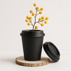 Creative composition of a black takeaway coffee cup with lid placed on wooden slice and decorated with yellow berries, ideal for branding, eco packaging, and modern minimalist visuals


