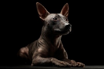 A hairless dog with erect ears lies down on a dark surface against a black background