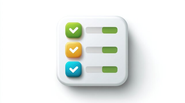 Rounded white icon with checkboxes, progress bars, colored squares on white