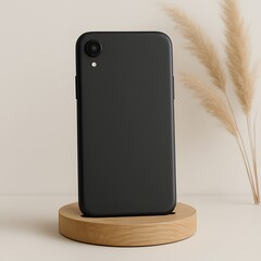 Minimalist black smartphone standing vertically on wooden round platform with neutral background and dried pampas grass, ideal for tech branding, mockup, or modern lifestyle themes


