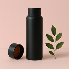 Minimalist black thermos bottle with detached lid and green leaf on soft pink background, representing eco-friendly lifestyle, hydration, and sustainable product design aesthetics


