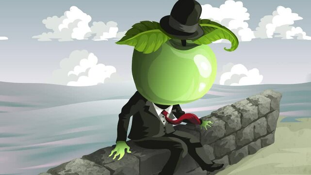 surrealism scene of man with giant apple head in beach