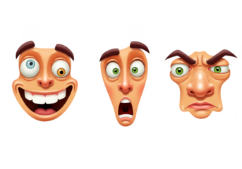Illustration Of Three Cartoon Faces Expressing Funny Angry Surprise Emotions