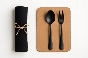 Top view of minimalist black spoon and fork on cork placemat beside a rolled black napkin tied with string, ideal for modern table setting, dining, or kitchen-related designs

