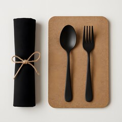 Top view of minimalist black spoon and fork on cork placemat beside a rolled black napkin tied with string, ideal for modern table setting, dining, or kitchen-related designs

