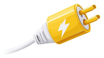 Cartoon electric plug with lightning bolt on yellow block, white cable extended