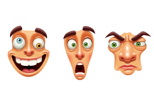 Illustration Of Three Cartoon Faces Expressing Funny Angry Surprise Emotions - Powered by Adobe