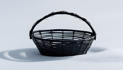 Black silhouette of a traditional handwoven basket with curved handle, centered on a pure white background, evoking rustic charm, simplicity, and artisanal nostalgia with elegant minimal contrast
