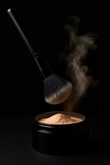 Close-up of a makeup brush dipped in loose face powder against a black background, with particles rising, capturing elegance, beauty routine, and cosmetic detail in motion

