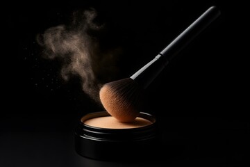 Close-up of a makeup brush dipped in loose face powder against a black background, with particles rising, capturing elegance, beauty routine, and cosmetic detail in motion

