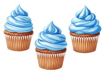 Illustration of Three Delicious Blue Frosted Cupcakes on Transparent Background
