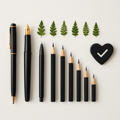 Elegant flat lay composition of black fountain pen, pencil set, small green leaves, and heart-shaped object on white background symbolizing creativity, balance, and eco lifestyle

